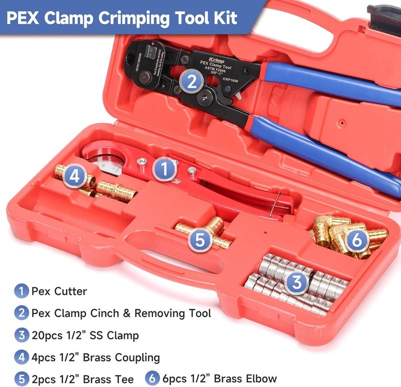 iCRIMP Ratchet Cinch Tool with Removing Function for 3/8 to 1-inch Stainless Steel Clamps and 20pcs 1/2-inch PEX Clamps and 12pcs 1/2-inch Pex Fittings - Image 2
